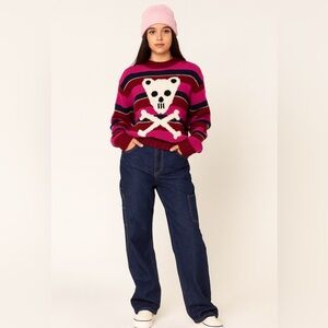Teddy Fresh Bear Skull & Bones Red Pink Striped Crewneck Sweater XS Oversized